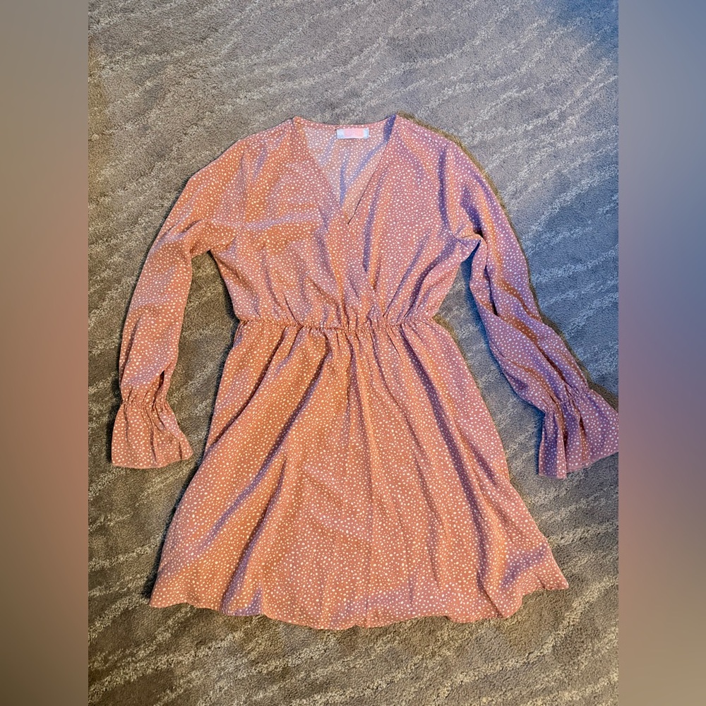 Women's Long Sleeve Rust Dot V-Neck Elastic Waist Dress - Picture 1 of 3